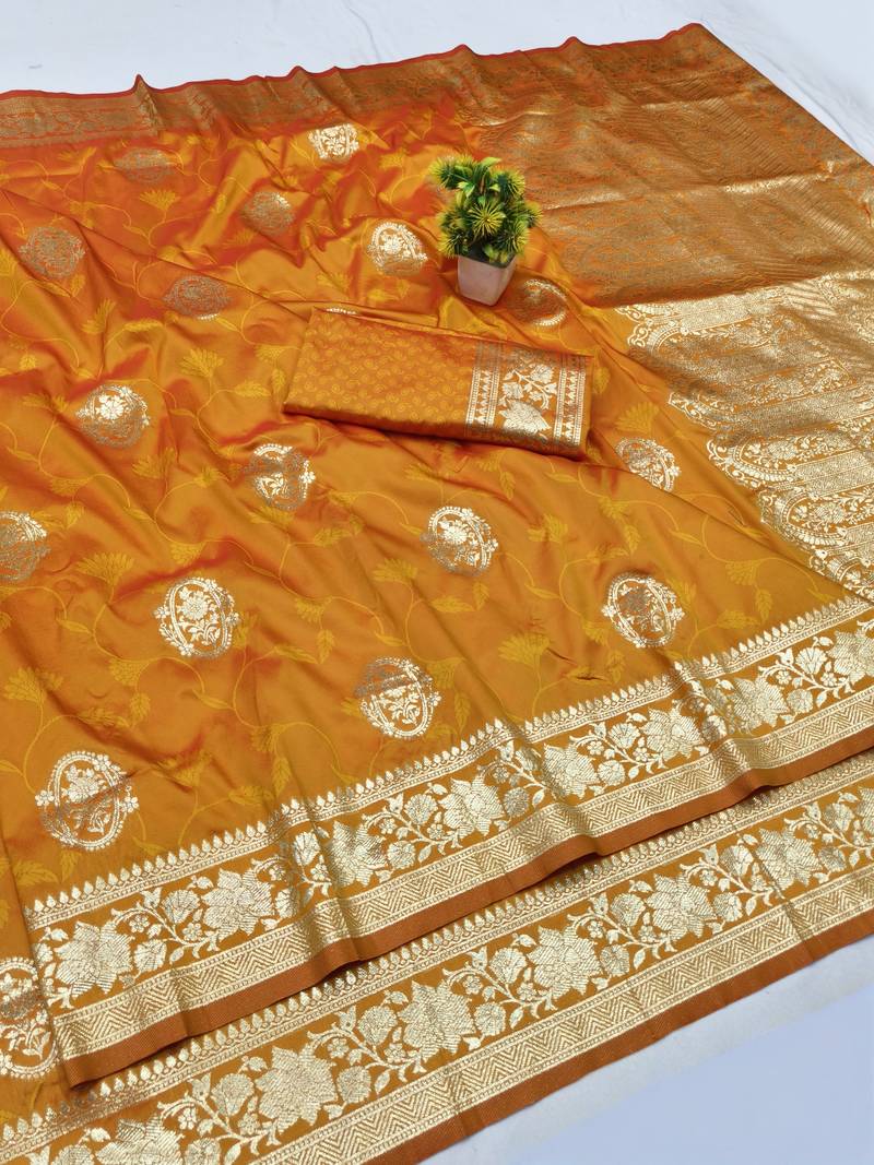 Gold zari woven banarasi silk blend traditional saree with blouse piece