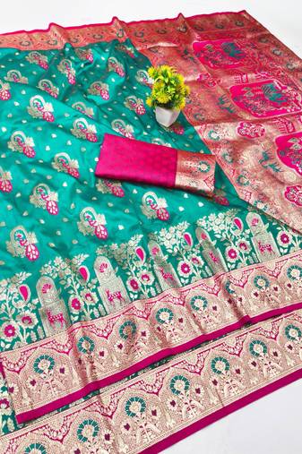 Blue zari woven banarasi silk blend traditional saree with blouse piece