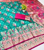 Blue zari woven banarasi silk blend traditional saree with blouse piece