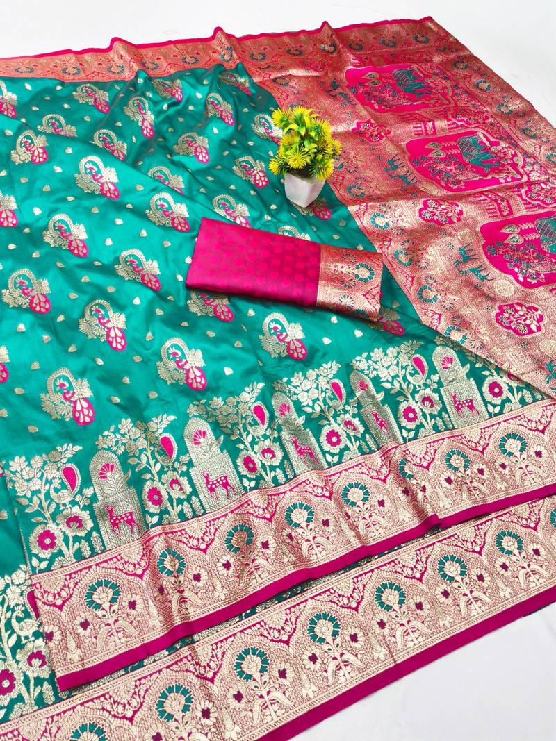 Blue zari woven banarasi silk blend traditional saree with blouse piece
