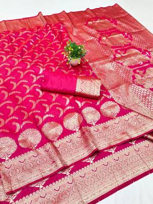 Rani pink zari woven silk blend traditional saree with blouse piece 1