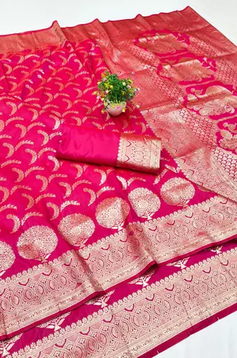 Rani pink zari woven banarasi silk blend traditional saree with blouse piece