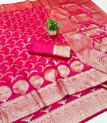 Rani pink zari woven banarasi silk blend traditional saree with blouse piece