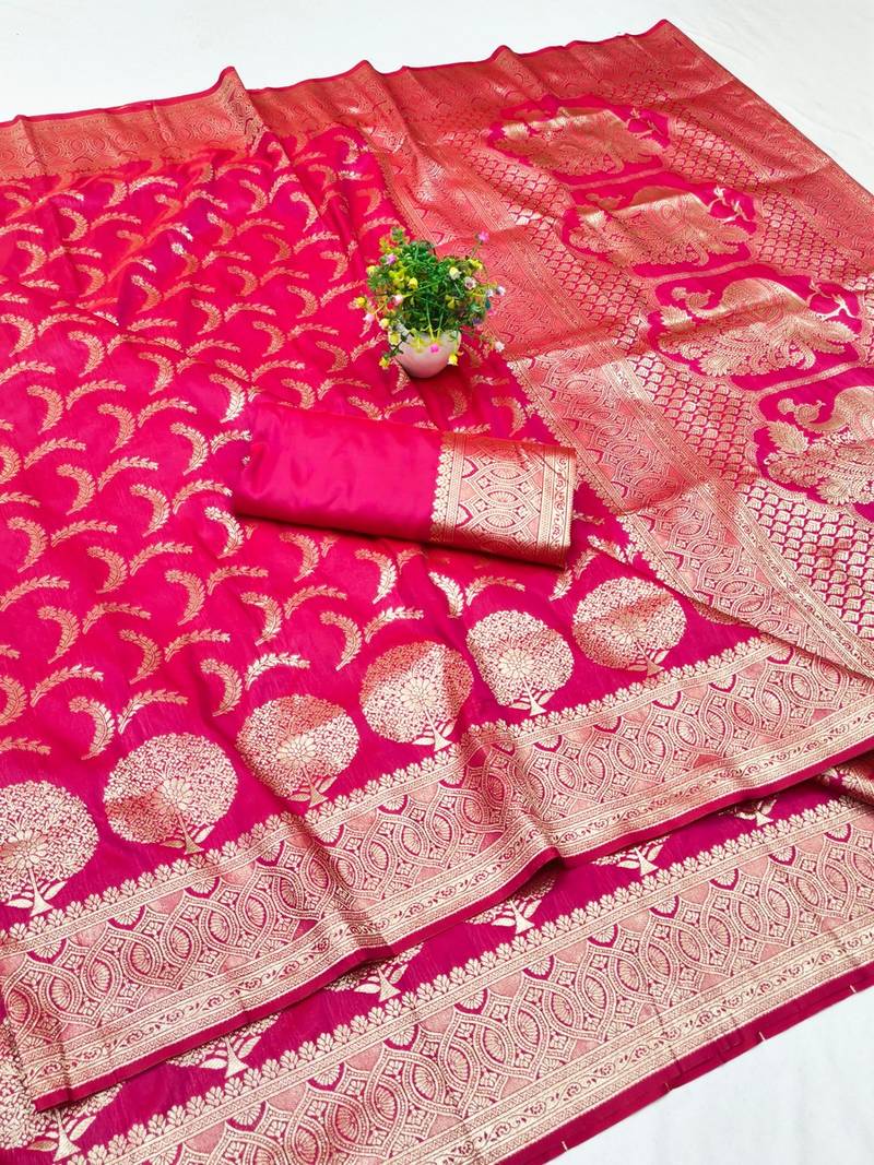 Rani pink zari woven banarasi silk blend traditional saree with blouse piece