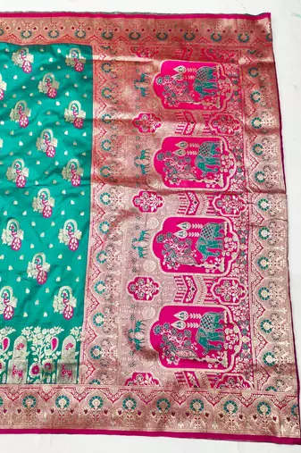 Blue zari woven silk blend traditional saree with blouse piece