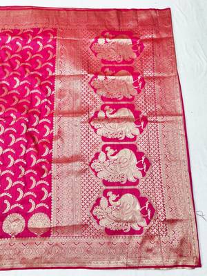 Rani pink zari woven silk blend traditional saree with blouse piece 2