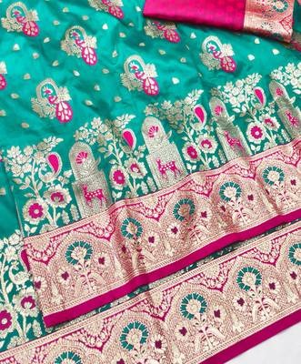 Blue zari woven silk blend traditional saree with blouse piece 3