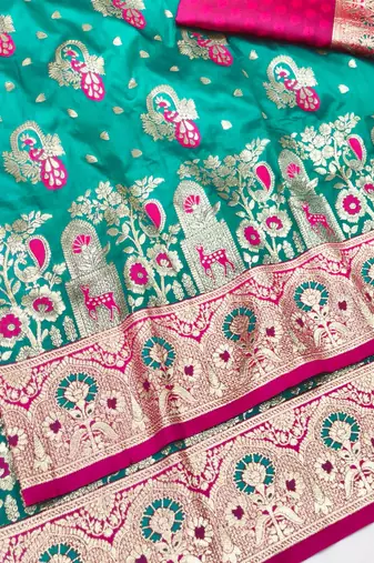 Blue zari woven silk blend traditional saree with blouse piece