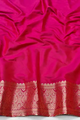 Rani pink zari woven silk blend traditional saree with blouse piece
