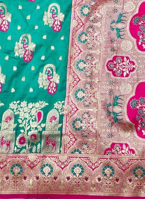 Blue zari woven silk blend traditional saree with blouse piece 5