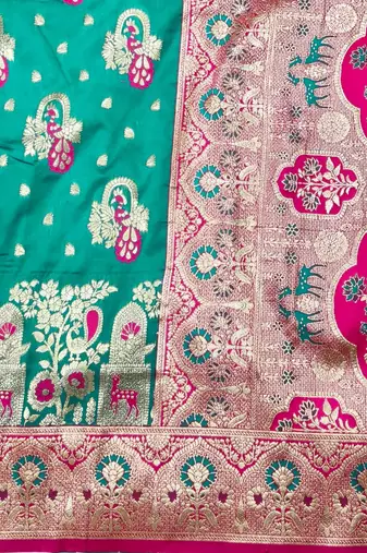 Blue zari woven silk blend traditional saree with blouse piece