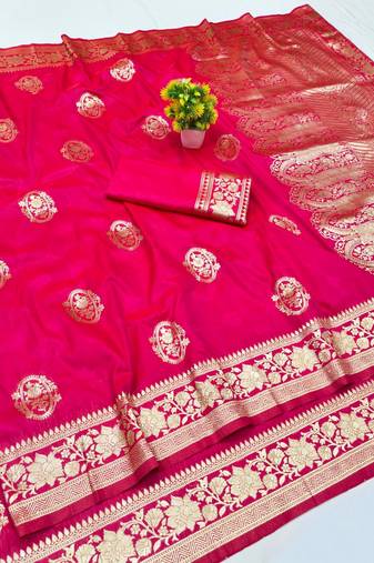 Pink zari woven banarasi silk blend traditional saree with blouse piece
