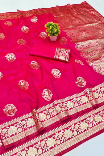 Pink zari woven banarasi silk blend traditional saree with blouse piece