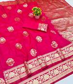 Pink zari woven banarasi silk blend traditional saree with blouse piece