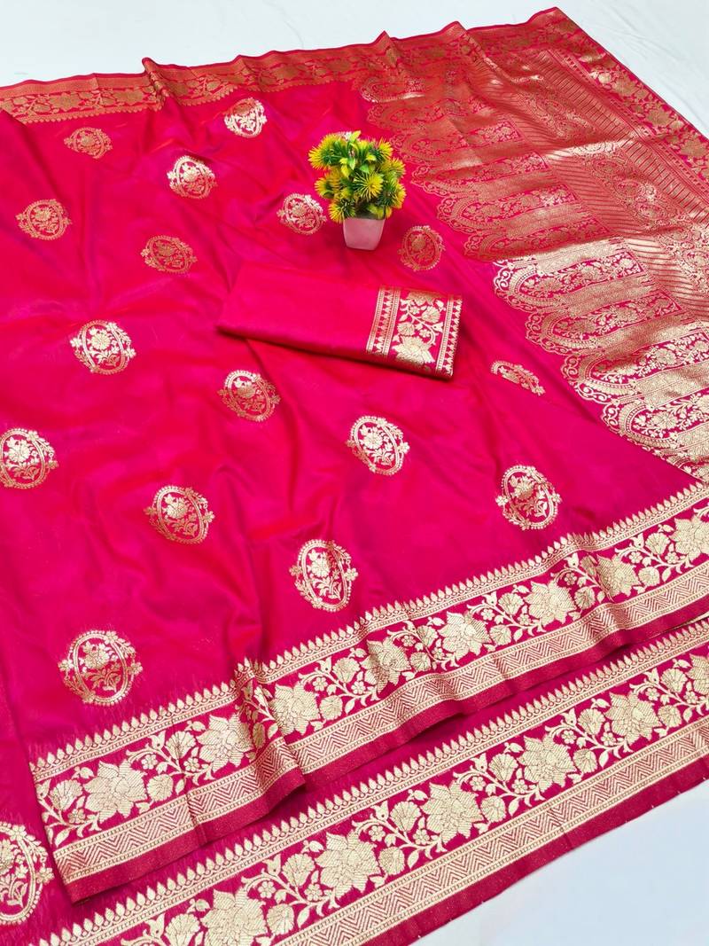 Pink zari woven banarasi silk blend traditional saree with blouse piece
