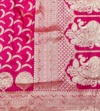 Rani pink zari woven silk blend traditional saree with blouse piece 5