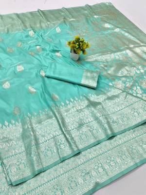 Light blue zari woven banarasi silk blend traditional saree with blouse piece 1