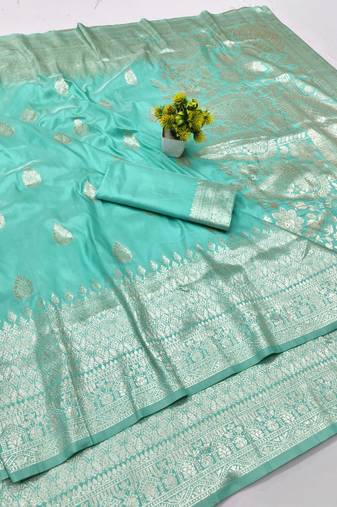 Light blue zari woven banarasi silk blend traditional saree with blouse piece