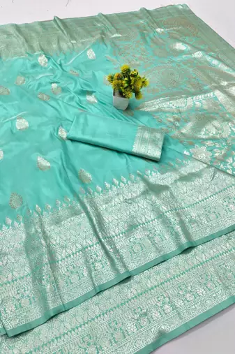 Light blue zari woven banarasi silk blend traditional saree with blouse piece