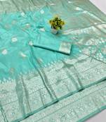 Light blue zari woven banarasi silk blend traditional saree with blouse piece