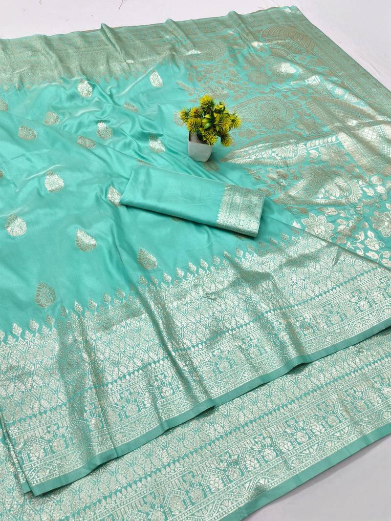 Light blue zari woven banarasi silk blend traditional saree with blouse piece
