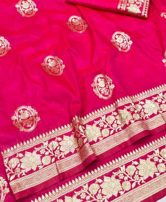 Pink zari woven silk blend traditional saree with blouse piece 3