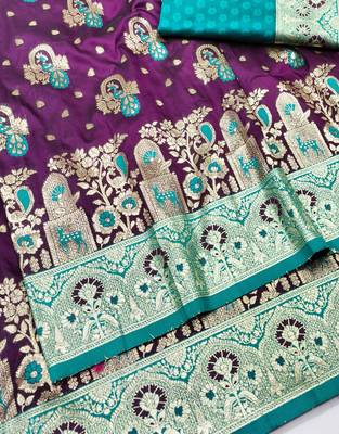 Wine zari woven patola silk blend traditional saree with blouse piece 2