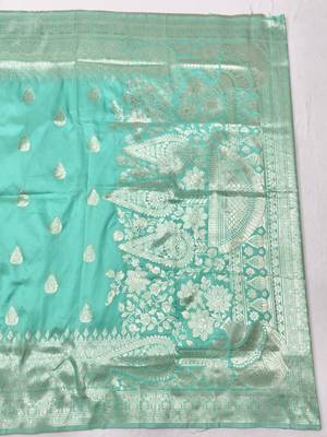 Light blue zari woven banarasi silk blend traditional saree with blouse piece 2