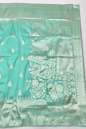Light blue zari woven banarasi silk blend traditional saree with blouse piece