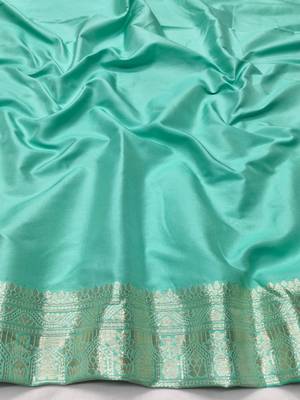 Light blue zari woven banarasi silk blend traditional saree with blouse piece 4