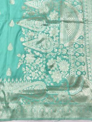Light blue zari woven banarasi silk blend traditional saree with blouse piece 5