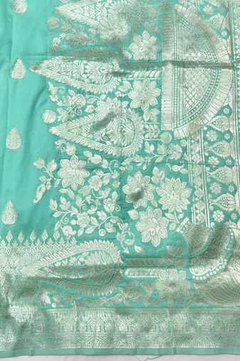 Light blue zari woven banarasi silk blend traditional saree with blouse piece