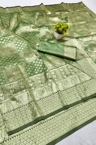 Pista zari woven silk blend traditional saree with blouse piece