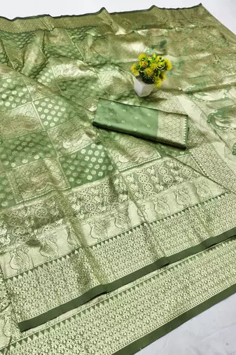 Pista zari woven banarasi silk blend traditional saree with blouse piece