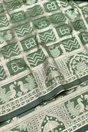 Pista zari woven patola silk blend traditional saree with blouse piece