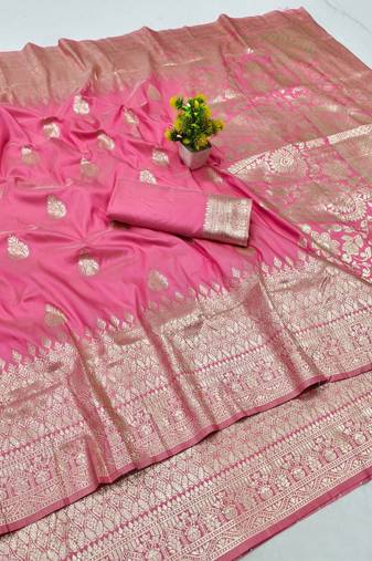 Pink zari woven banarasi silk blend traditional saree with blouse piece