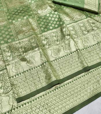 Pista zari woven silk blend traditional saree with blouse piece 4