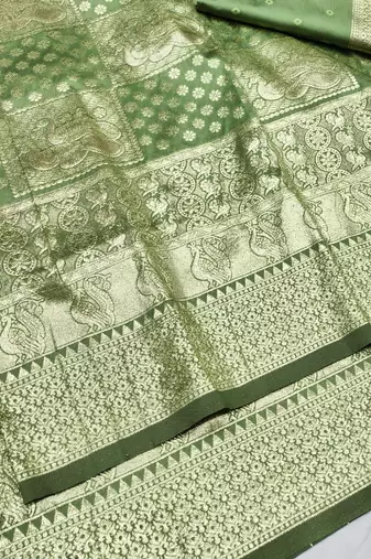 Pista zari woven silk blend traditional saree with blouse piece