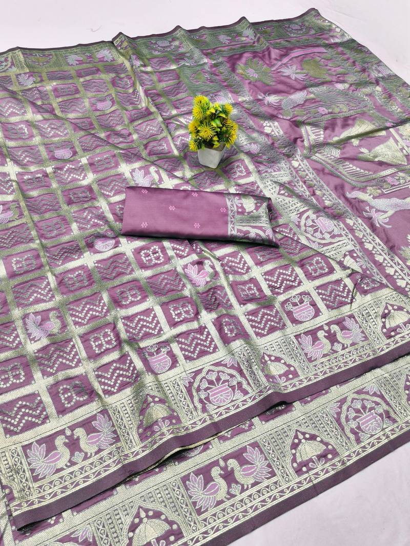 Wine zari woven patola silk blend traditional saree with blouse piece