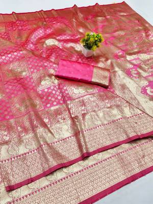 Pink zari woven silk blend traditional saree with blouse piece 1