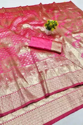 Pink zari woven banarasi silk blend traditional saree with blouse piece