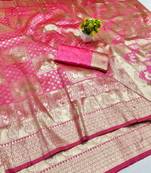 Pink zari woven banarasi silk blend traditional saree with blouse piece