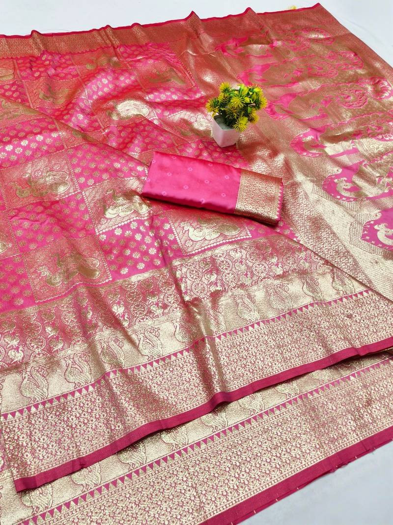 Pink zari woven banarasi silk blend traditional saree with blouse piece