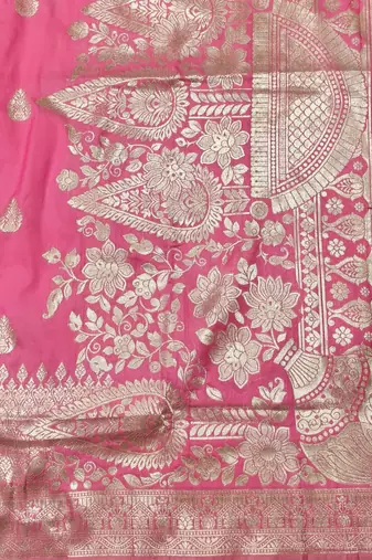 Pink zari woven silk blend traditional saree with blouse piece