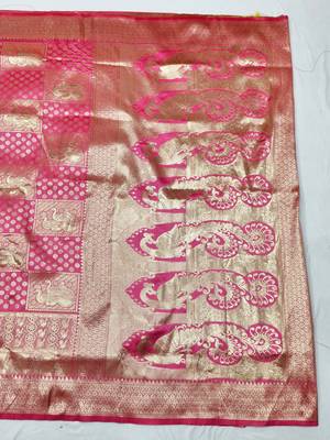 Pink zari woven silk blend traditional saree with blouse piece 2
