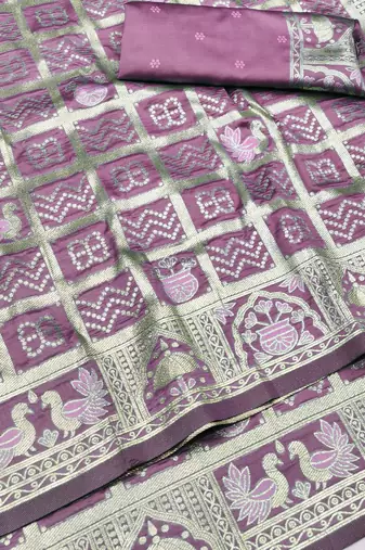 Wine zari woven patola silk blend traditional saree with blouse piece