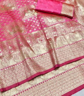 Pink zari woven silk blend traditional saree with blouse piece 3