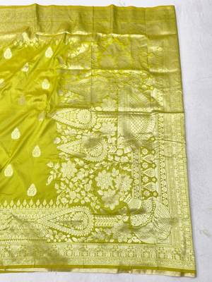 Lime Zari woven silk blend traditional saree with blouse piece 2