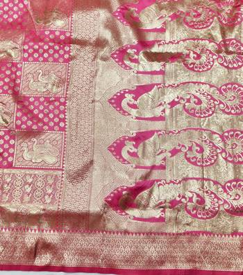 Pink zari woven silk blend traditional saree with blouse piece 5