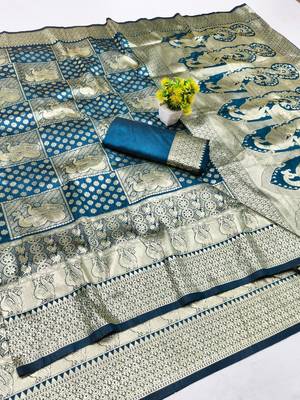 Dark blue zari woven silk blend traditional saree with blouse piece 1